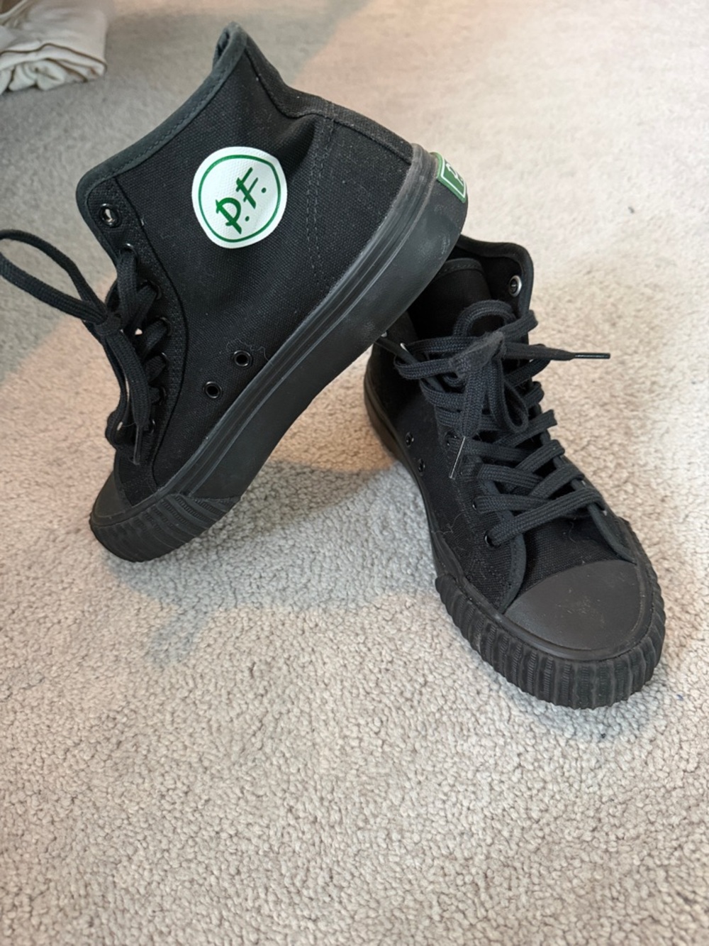 P.F. Flyers Black High-Top Canvas Sneakers with Green Logo